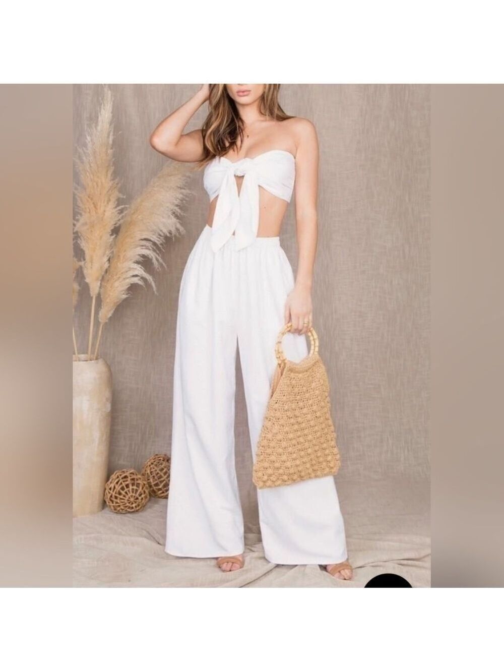 Malibu Bum White Smocked Tie Tube Top with Matching Pant Set Small New With Tags